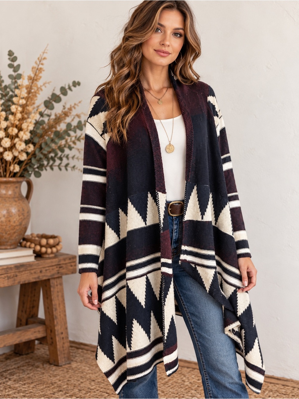 Southwest Waterfall Cardigan Wool Blend High Low Open Front M/L